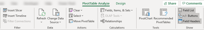 Pivot Table Design and Options tabs