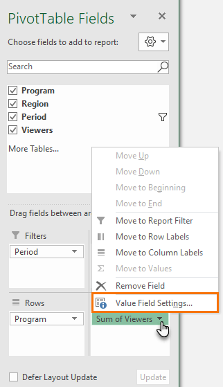 Excel Pivot Table Value Field Settings