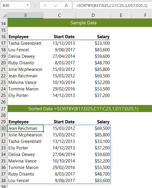 Excel SORTBY function example