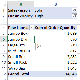 Product Container in the row labels