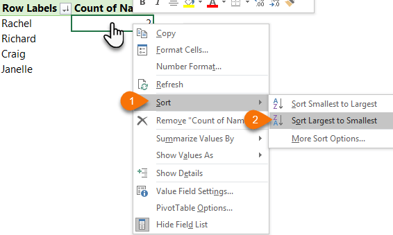 Sort the PivotTable Count