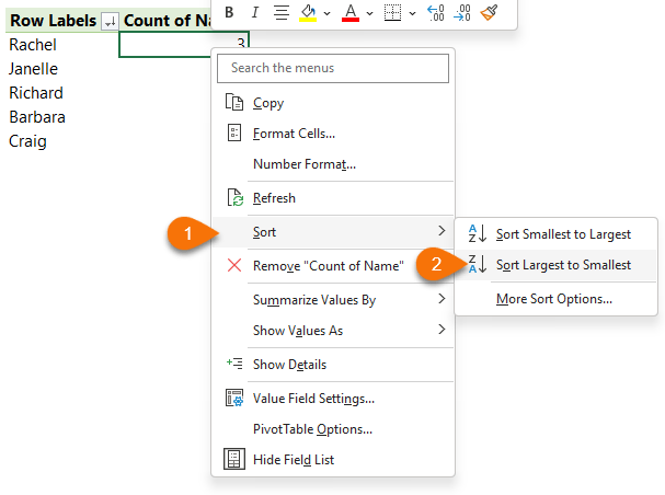 Sort the PivotTable Count