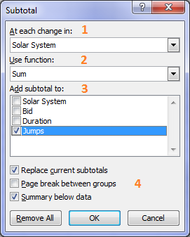 Excel subtotals dialog box