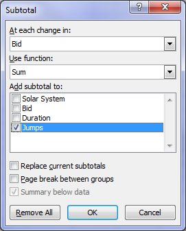 subtotal tool dialog box