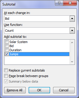 subtotal tool dialog box