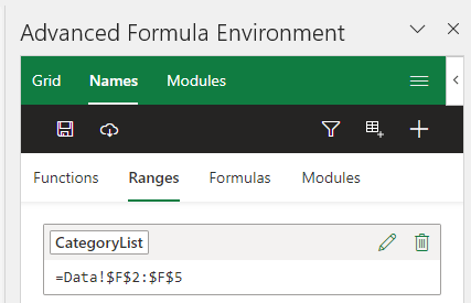the ranges tab of the names section in Excel Labs