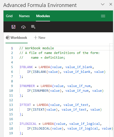 the modules tab in the excel advanced formula environment