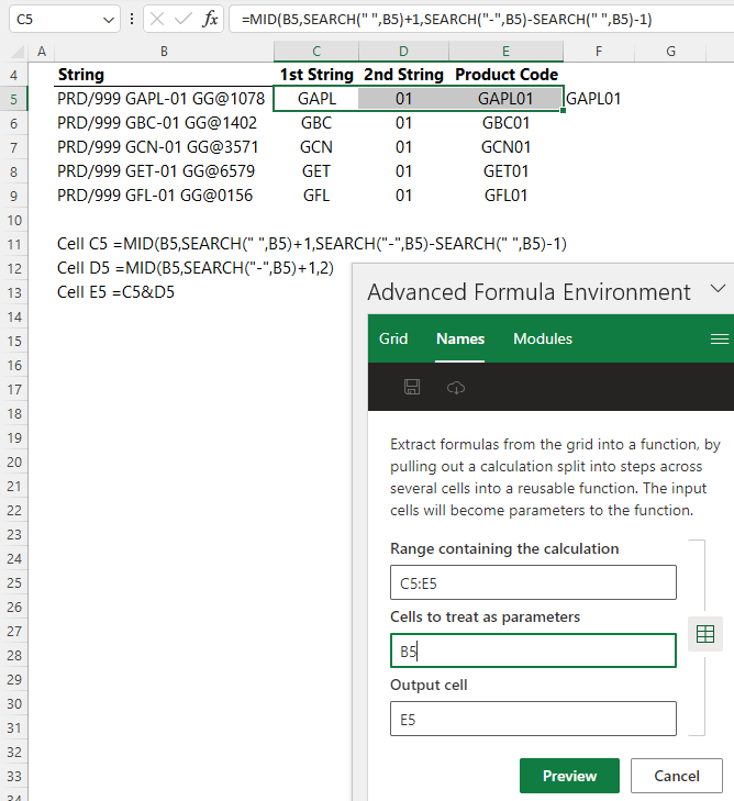 entering the range, cells and output for a lambda function in the excel advanced formula environment