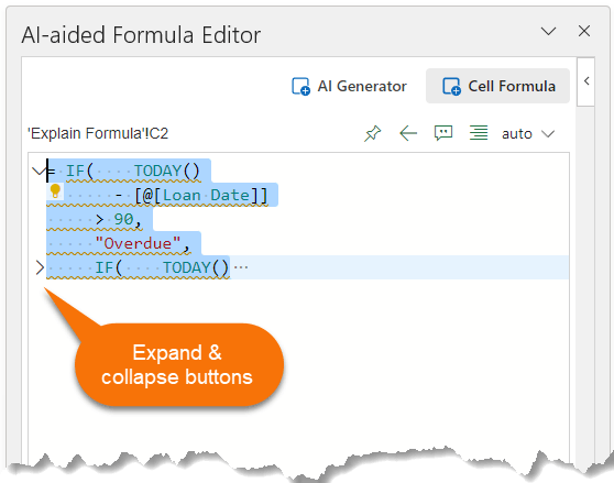 Expand and collapse buttons focus on part of formula