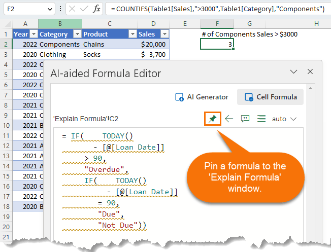 Pin a formula to the explain a formula window