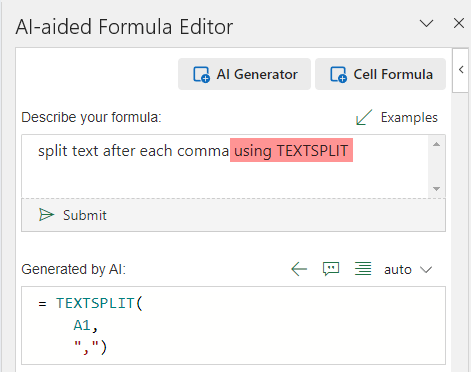 tell ai aided formula editor to use excel textsplit function