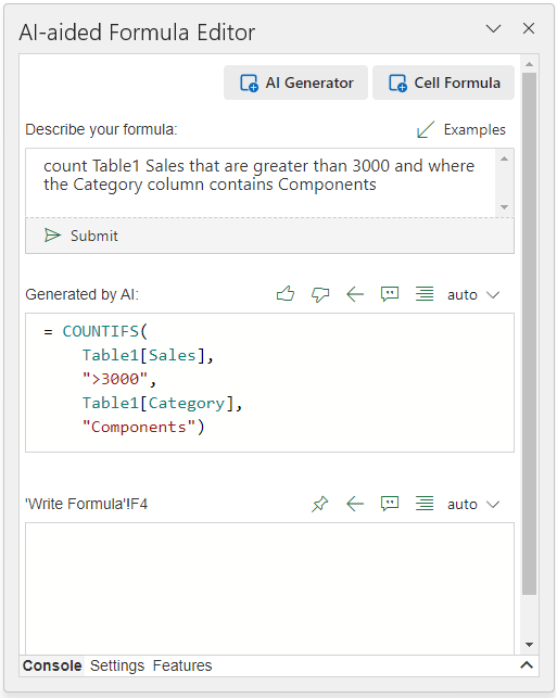 ai aided formula editor window pane