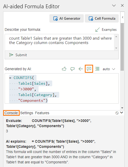 click icon to see explanation of formula created by ai formula editor