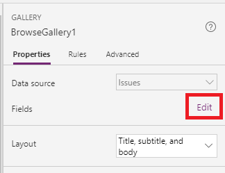 Browse gallery properties edit fields
