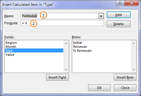 Insert PivotTable calculated item