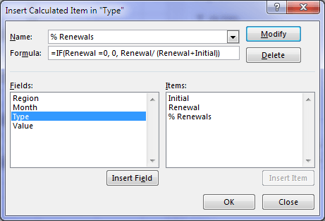 Insert PivotTable calculated item