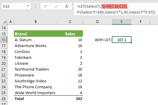 Excel LET Function calculation example 2
