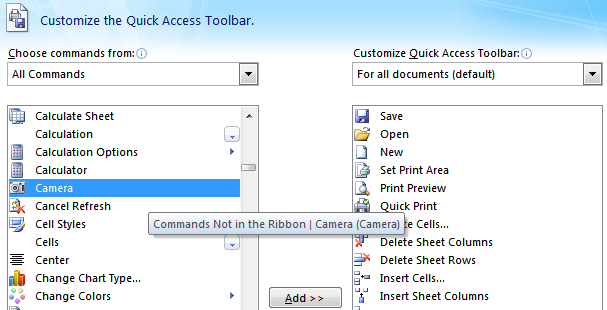 excel camera tool find in quick access toolbar