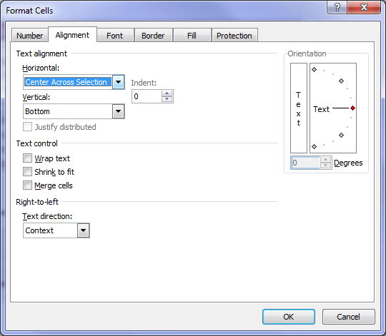 excel cell formatting center across selection