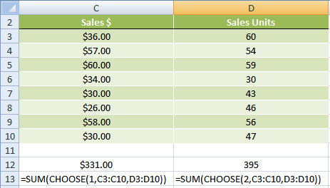 Excel CHOOSE function with SUM