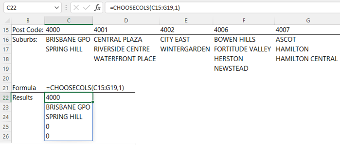 CHOOSECOLS Function example 1