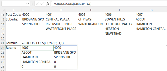 CHOOSECOLS Function example 3