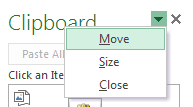 move the Excel Clipboard Pane