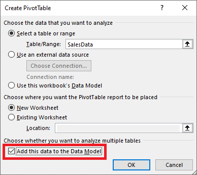 create pivot table and add to data model