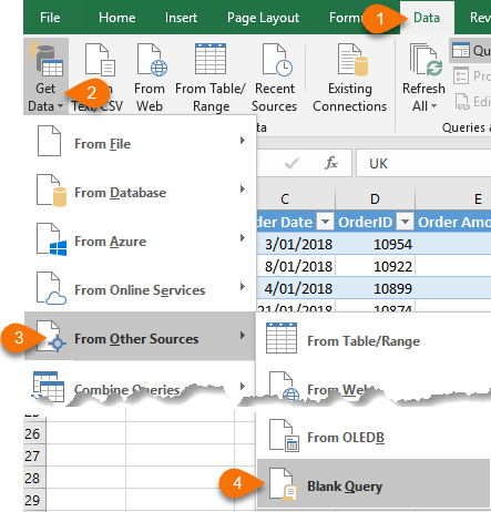 create a new blank query (Excel 2016 or Office 365)