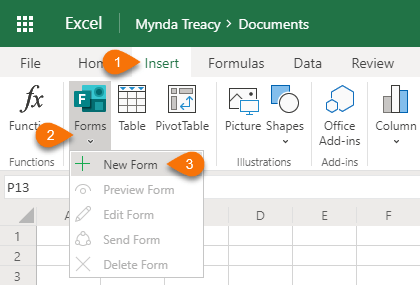 create an Excel form from Excel Online