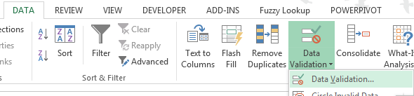 Data Validation menu