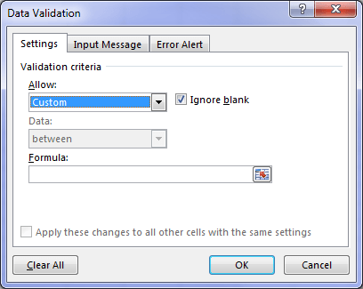 Data Validation settings