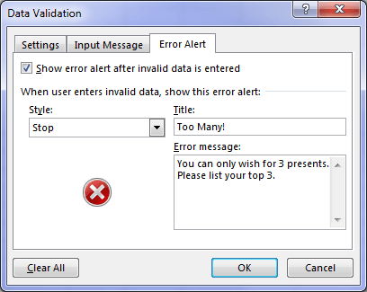 Data Validation error message