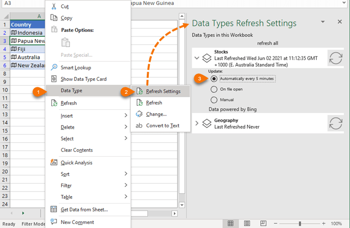 data type refresh settings