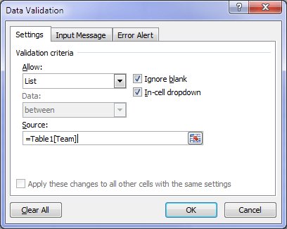 Excel Data Validation source Table