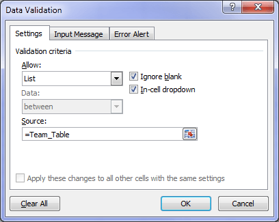 Excel Data Validation source Table