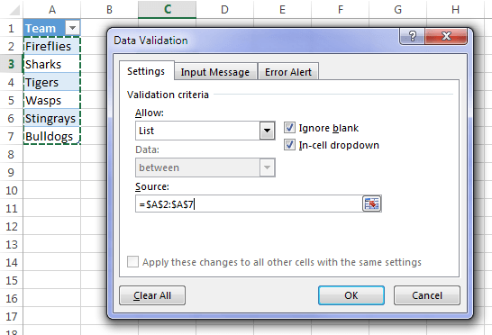 Data Validation source table cells