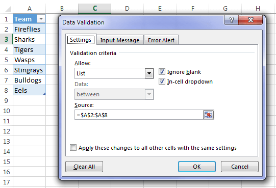 Data Validation source table cells