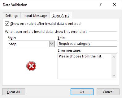 data validation error alert dialog box