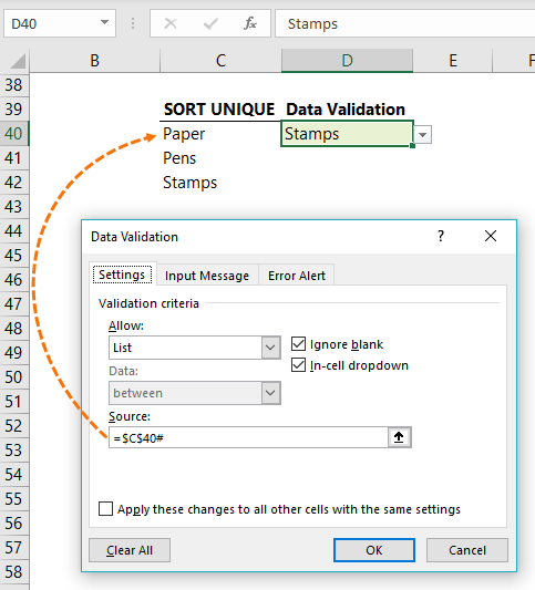 data validation using a sorted unique list