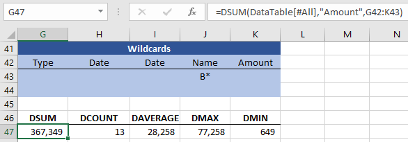 excel database function wildcards