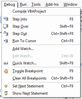 vba debug menu