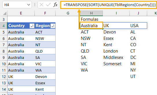 UNIQUE function extract primary list