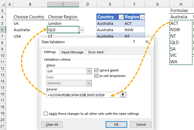 XLOOKUP function as data validation reference