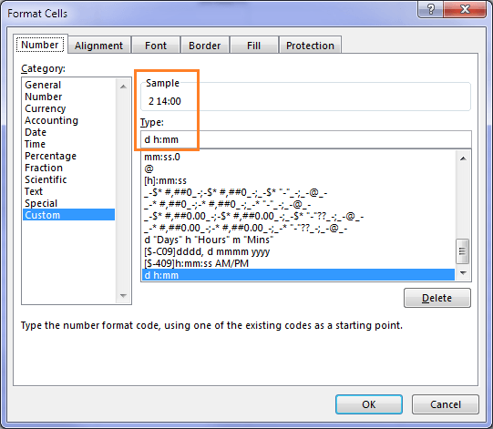 excel custom number format d h:mm