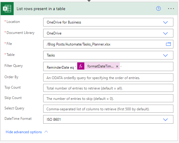 Power Automate Advanced Options list rows present in a table