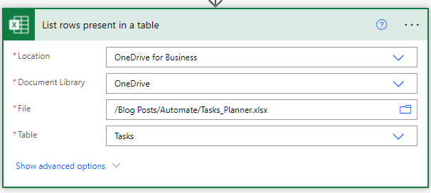 Power Automate List rows present in a table step