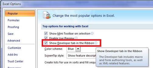 how to show developer tab in excel 2007