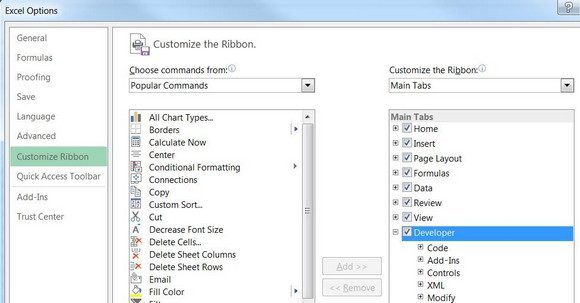 how to display developer tab in excel 2013