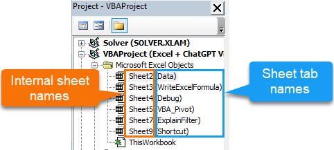 list of Excel sheet names in VBA editor